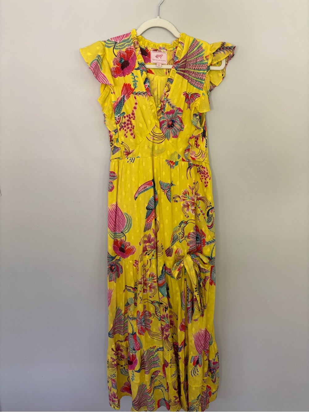 Banjanan Yellow Floral Maxi Dress with Toucan Bird design - Size Small